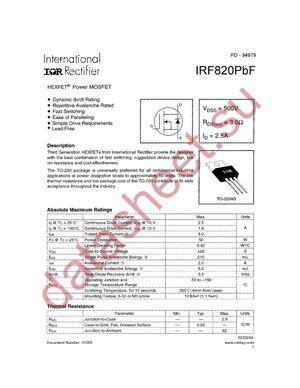 IRF820PBF datasheet  